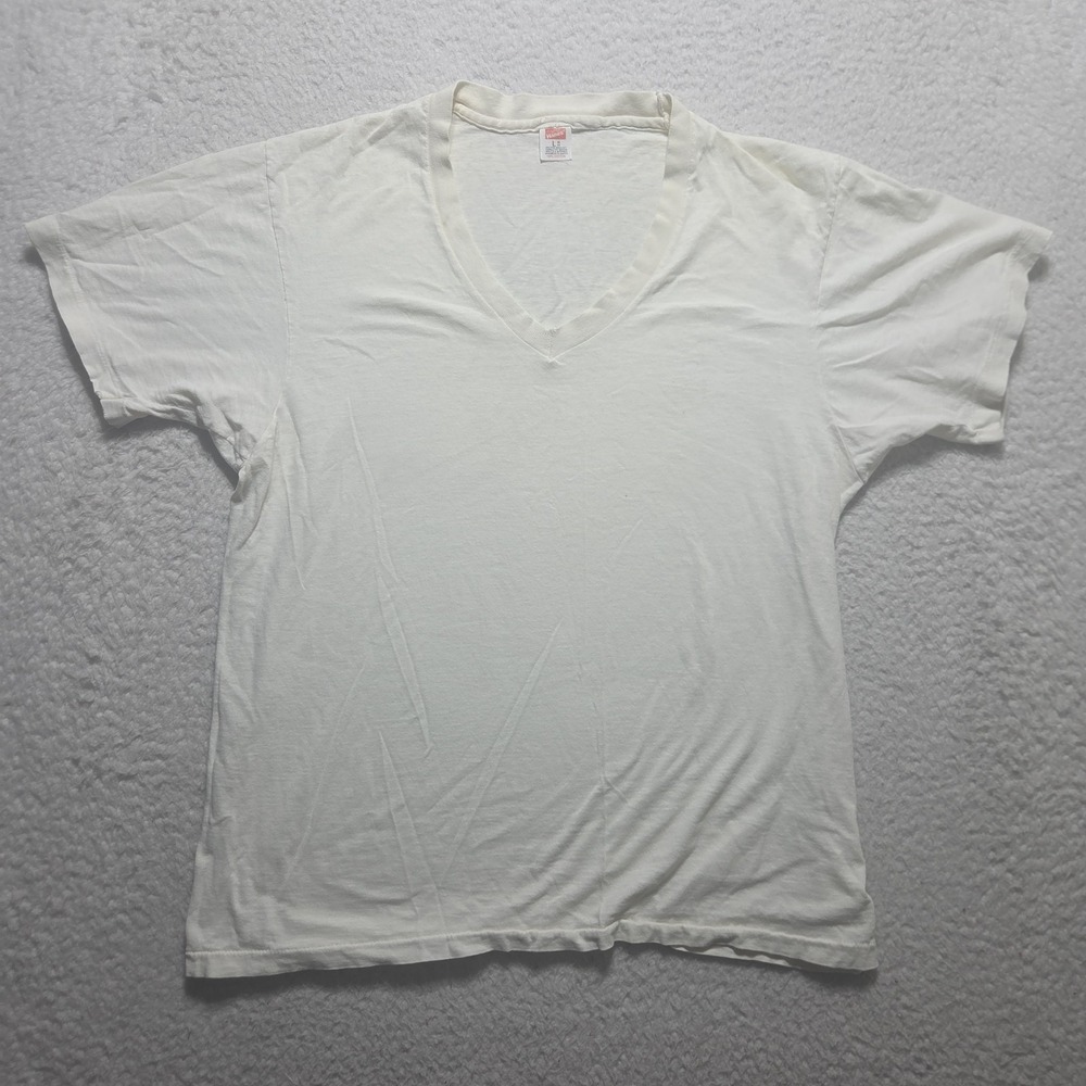 Vintage 90s Hanes Single Stitch V Neck White T Shirt Size Large Jamaica Made